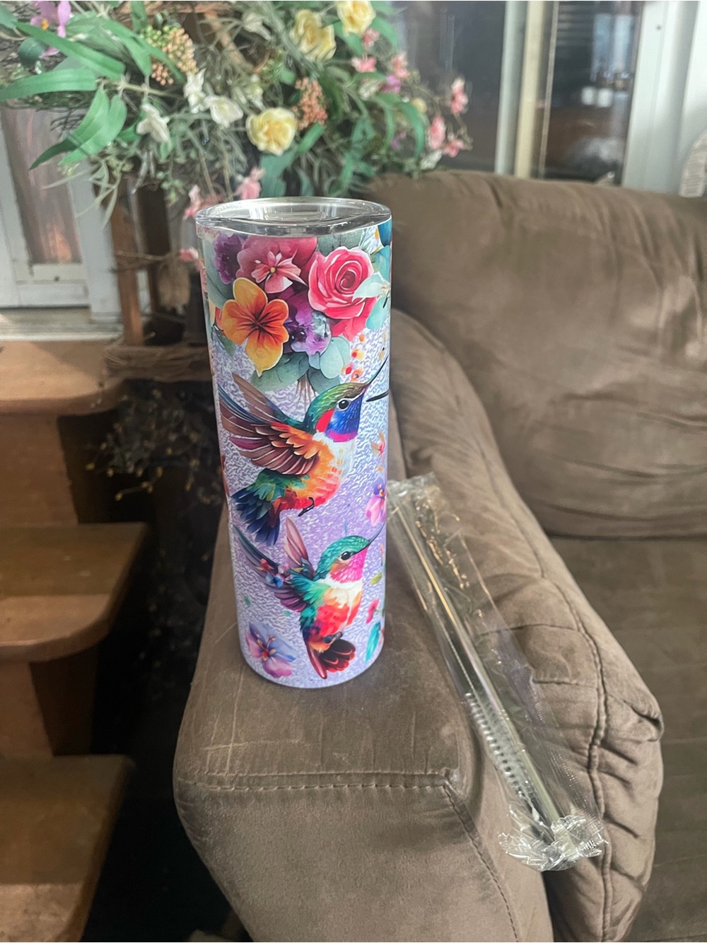 Floral Hummingbird Stainless Travel Tumbler - Multicolor